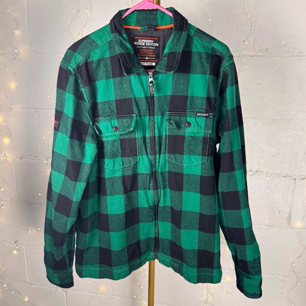 superdry rookie edition men's XL heavyweight plaid zip shirt jacket green black